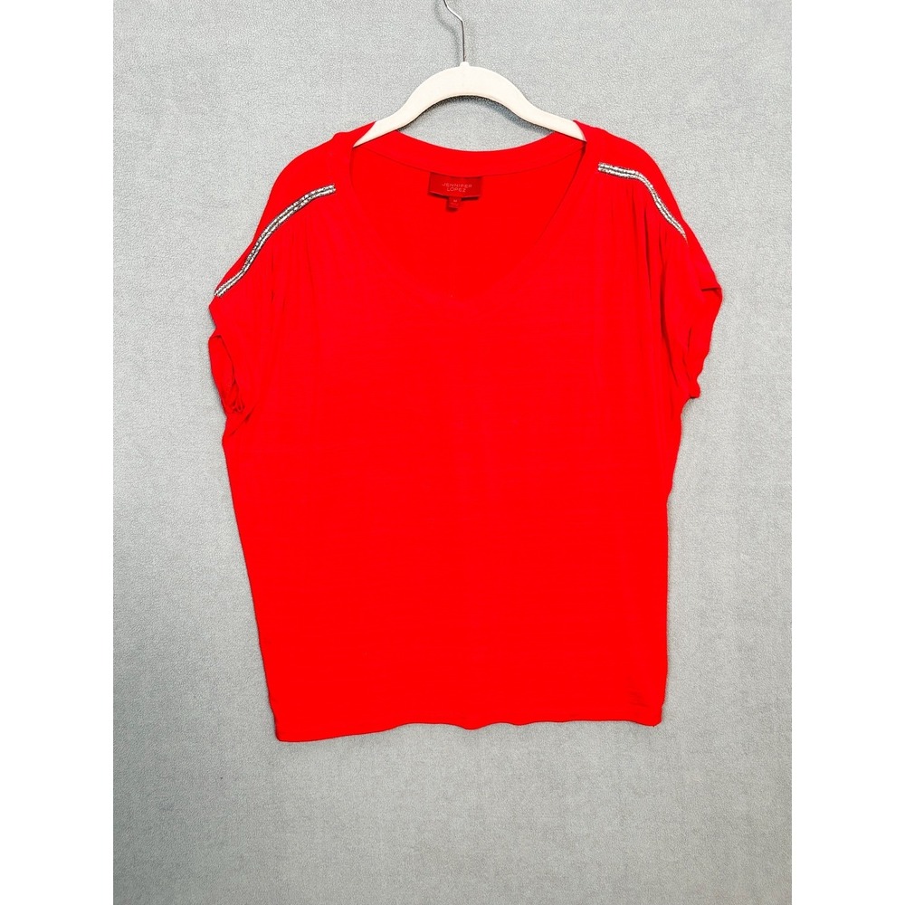 Jennifer Lopez Womens Red V-Neck Beaded Shoulder Dolman Sleeve Top Size Medium
